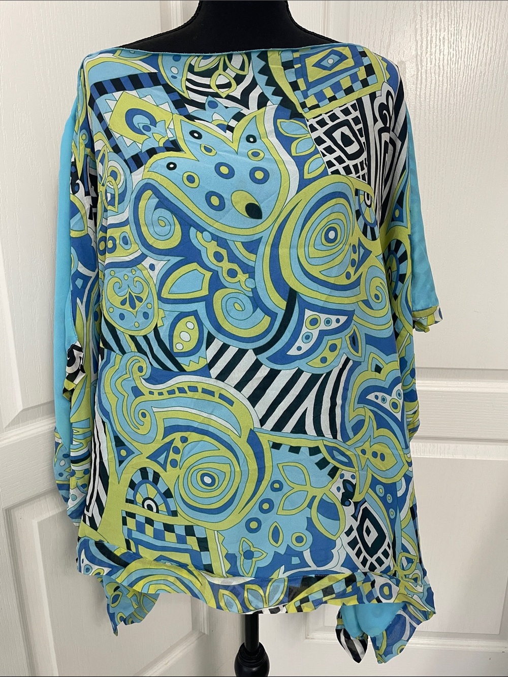 Ann Taylor silk coverup kimono style top XXL blue 2X Pucci style poncho cruise